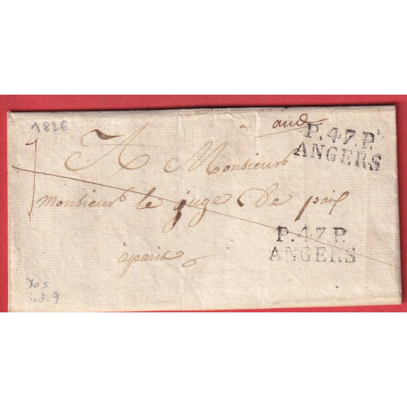 MARQUE P47P ANGERS MAINE ET LOIRE 28X11 INDICE 9 PARIS AU DOS  MENTION A PRESENTE MINISTERE DE LA JUSTICE