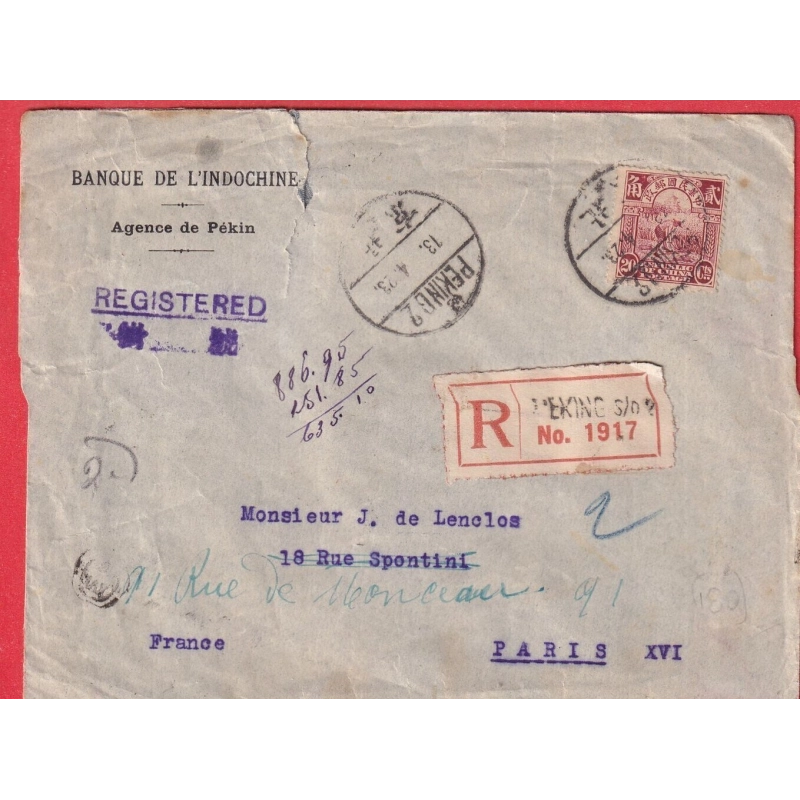 CHINE CHINA LETTRE RECOMMANDE PEKING 2 1923 PARIS VIA SHANGHAI