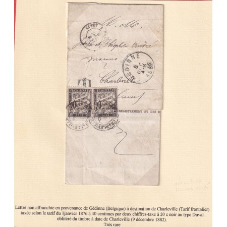 TRES RARE TARIF FRONTALIER TAXEE PAIRE 20C NOIR TYPE DUVAL GEDINNE BELGIQUE CHARLEVILLE ARDENNES TIMBRES DECOUPE OUVERTU