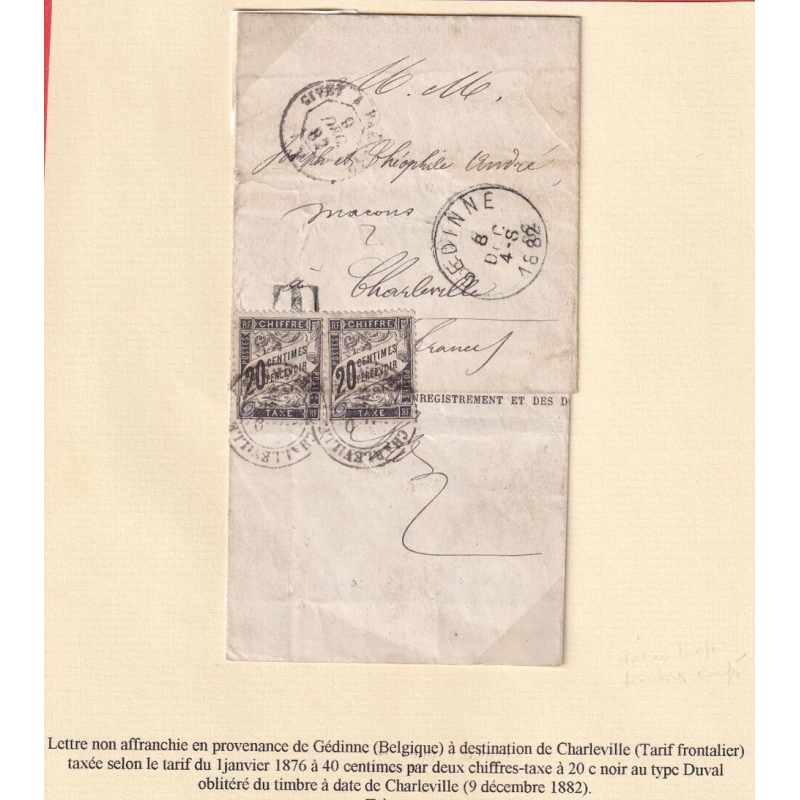 TRES RARE TARIF FRONTALIER TAXEE PAIRE 20C NOIR TYPE DUVAL GEDINNE BELGIQUE CHARLEVILLE ARDENNES TIMBRES DECOUPE OUVERTU