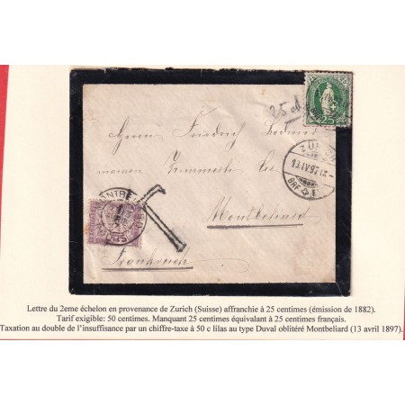 SUISSE 25C VERT ZURICH 1897 TAXE 50C TYPE DUVAL MONTBELLIERD DOUBS