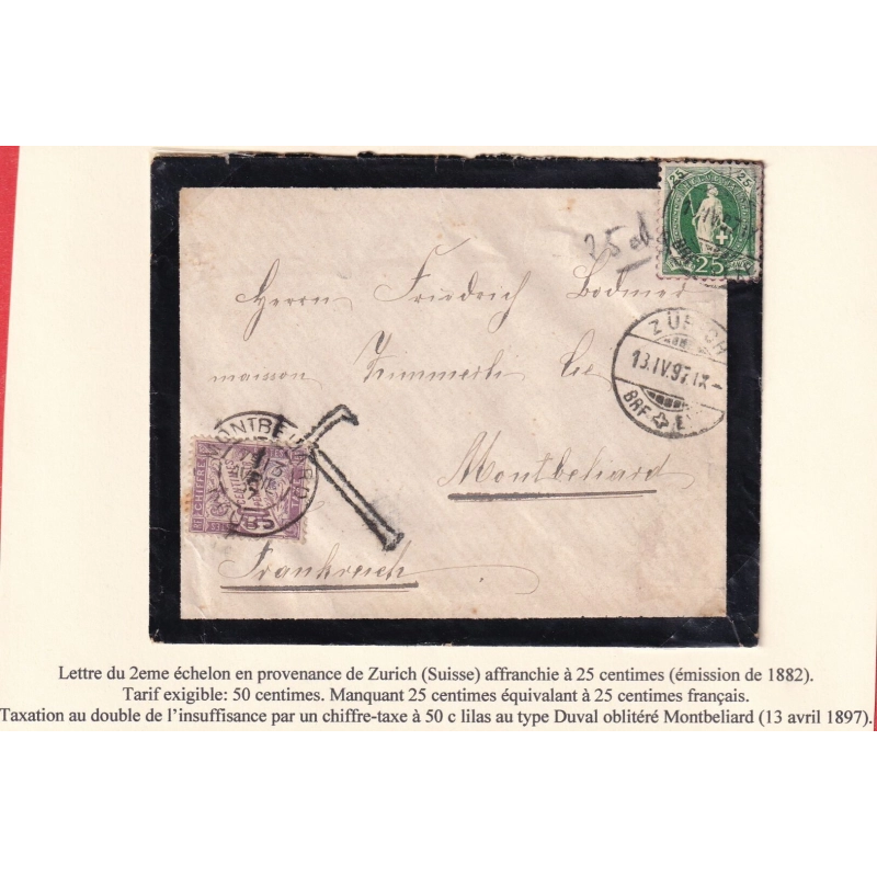 SUISSE 25C VERT ZURICH 1897 TAXE 50C TYPE DUVAL MONTBELLIERD DOUBS