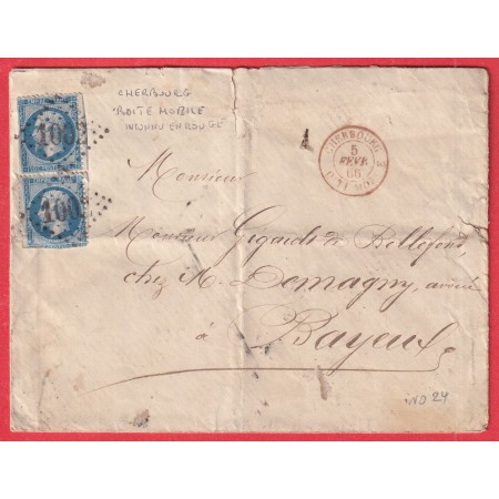 N° 22 CAD ROUGE CHERBOURG  BOITE MOBILE EN ROUGE TRES RARE INDICE 24 BAYEUX CALVADOS TIMBRES DEFECTUEUX