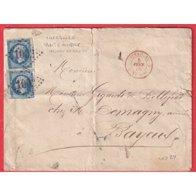 N° 22 CAD ROUGE CHERBOURG  BOITE MOBILE EN ROUGE TRES RARE INDICE 24 BAYEUX CALVADOS TIMBRES DEFECTUEUX