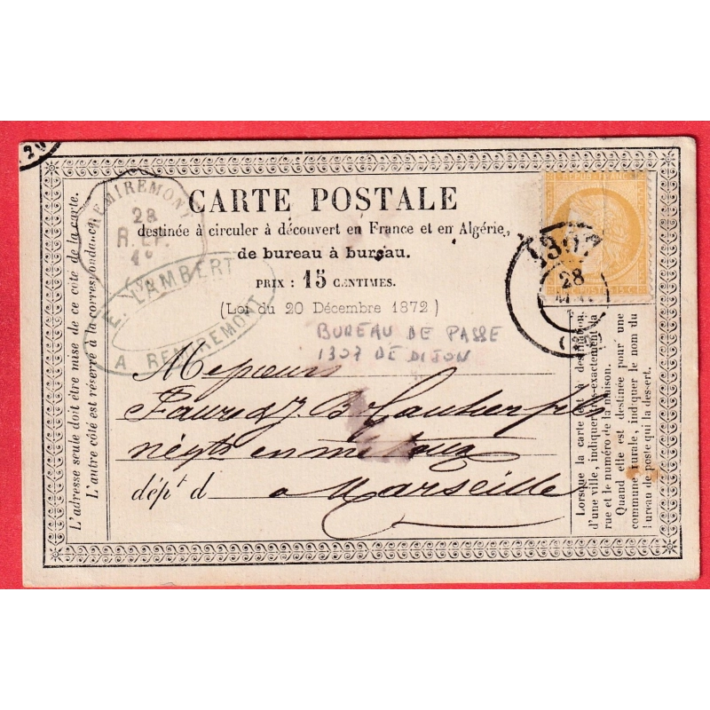 N°59 BUREAU DE PASSE 1307 DIJON CONVOYEUR STATION REMIREMONT VOSGES POUR MARSEILLE