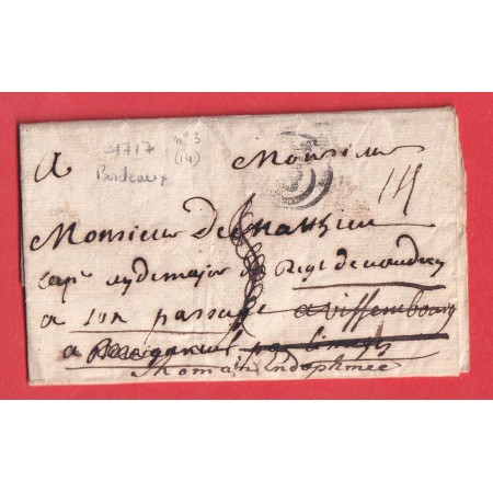 MARQUE B COURONNE BORDEAUX 1717 LN°3 POUR WISSEMBOURG BAS RHIN REEXP ROMANS DROME BOURGANEUF CREUSE