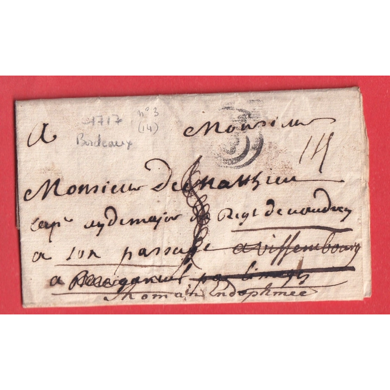 MARQUE B COURONNE BORDEAUX 1717 LN°3 POUR WISSEMBOURG BAS RHIN REEXP ROMANS DROME BOURGANEUF CREUSE