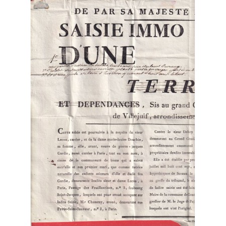 MARQUE REVOLUTIONNAIRE 60 BOURG EGALITE SEINE BOURG LA REINE 1807 SUR AFFICHE VENTE DE MAISON 43X9 INDICE 19