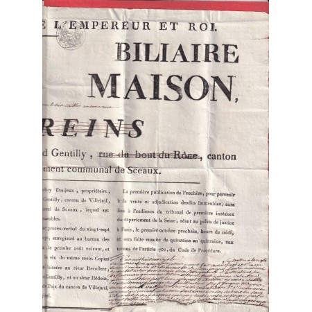 MARQUE REVOLUTIONNAIRE 60 BOURG EGALITE SEINE BOURG LA REINE 1807 SUR AFFICHE VENTE DE MAISON 43X9 INDICE 19