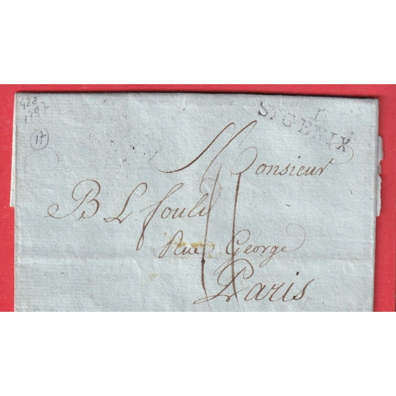 MARQUE 1 ST GENIX AIN LETTRE ACHEMINEE DE GENEVE 1797 POUR PARIS INDICE 17