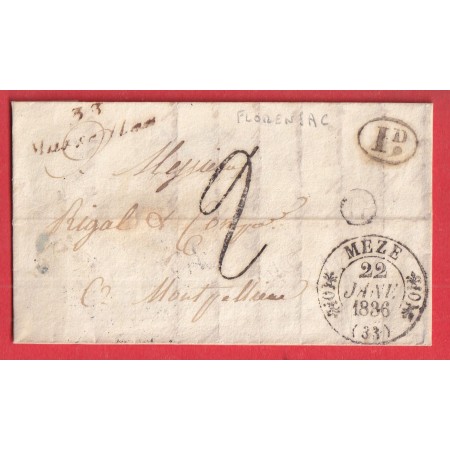 CAD TYPE 11 MEZE HERAULT TAXE 2 FABRICATION LOCALE 1836 CURSIVE 33 MARSEILLAN DECIME + BOITE RURALE G FLORENSAC