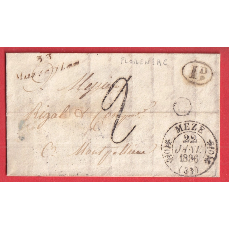 CAD TYPE 11 MEZE HERAULT TAXE 2 FABRICATION LOCALE 1836 CURSIVE 33 MARSEILLAN DECIME + BOITE RURALE G FLORENSAC
