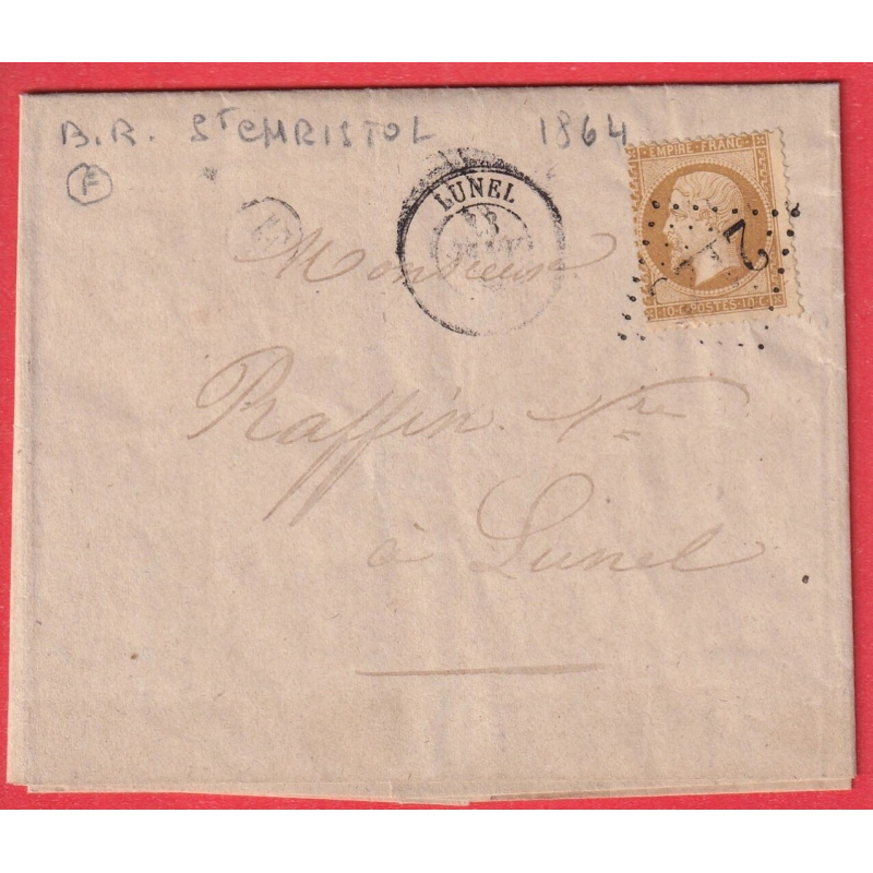 N°21 GC 2123 LUNEL HERAULT BOITE RURALE F ST CHRISTOL CORRESPONDANCE LOCALE 1864