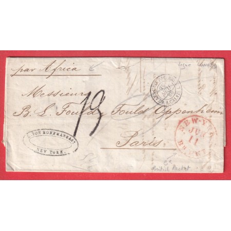 STEAMER AFRICA NEW YORK 1856 LIGNE ANGLAISE VIA LONDON 1856 TAXE TAMPON 13 POUR PARIS