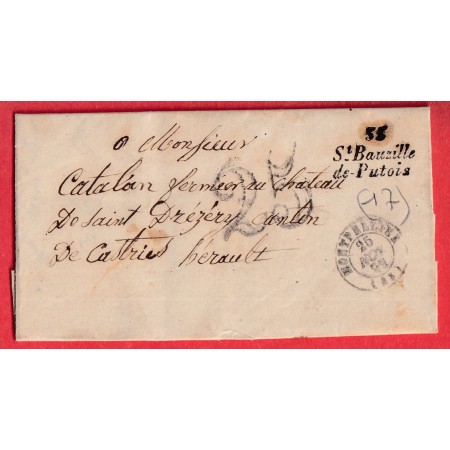 CURSIVE 33 ST BAUZILLE DE PUTOIS HERAULT TAXE 25C TAMPON POUR CASTRIES 1852 INDICE 17