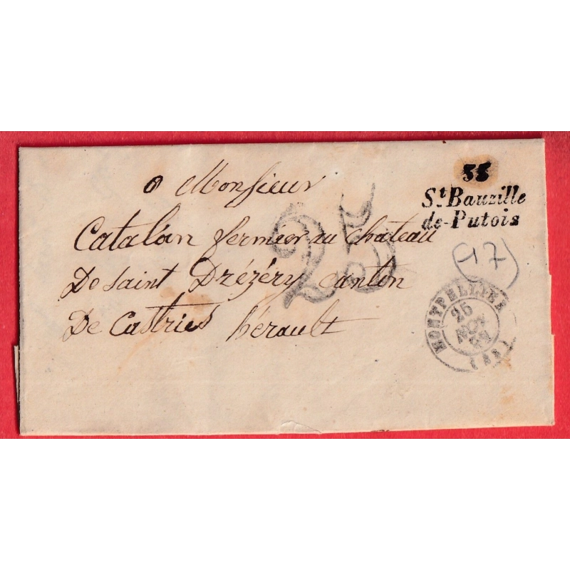 CURSIVE 33 ST BAUZILLE DE PUTOIS HERAULT TAXE 25C TAMPON POUR CASTRIES 1852 INDICE 17