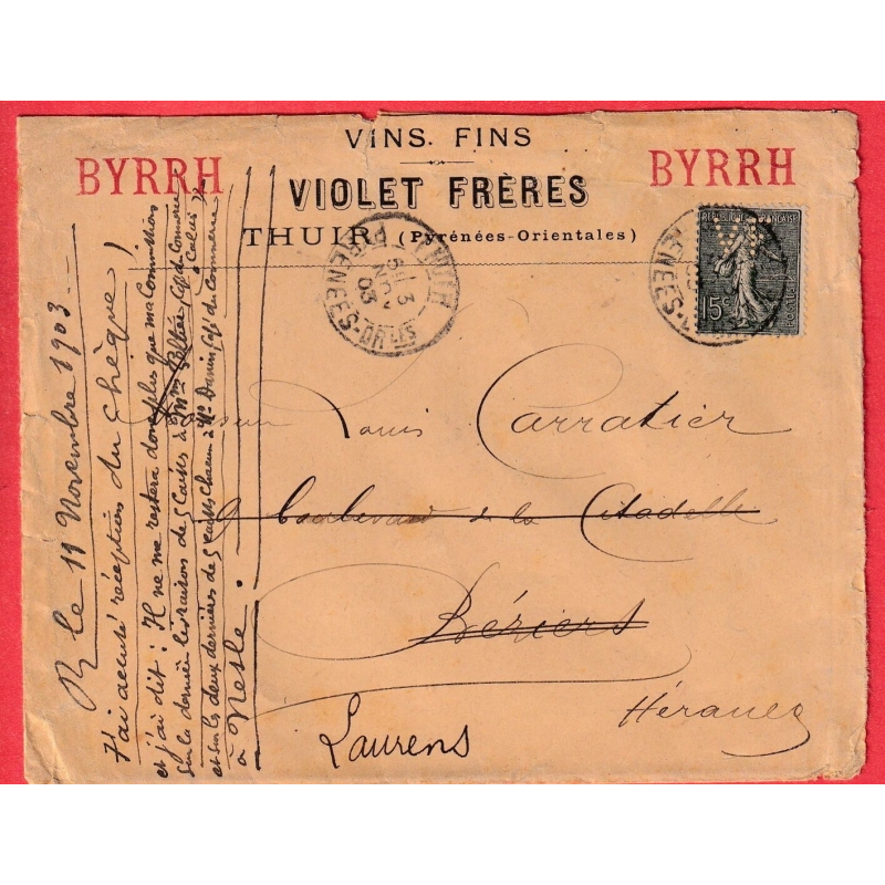 N°130 SEMEUSE 15C LIGNE PERFORE VF PUB BYRRH VINS FINS ALCOOL THUIRS PYRENEES ORIENTALES 1903 BEZIERS HERAULT