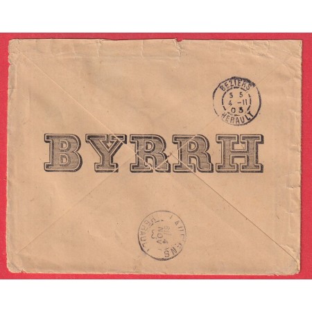 N°130 SEMEUSE 15C LIGNE PERFORE VF PUB BYRRH VINS FINS ALCOOL THUIRS PYRENEES ORIENTALES 1903 BEZIERS HERAULT