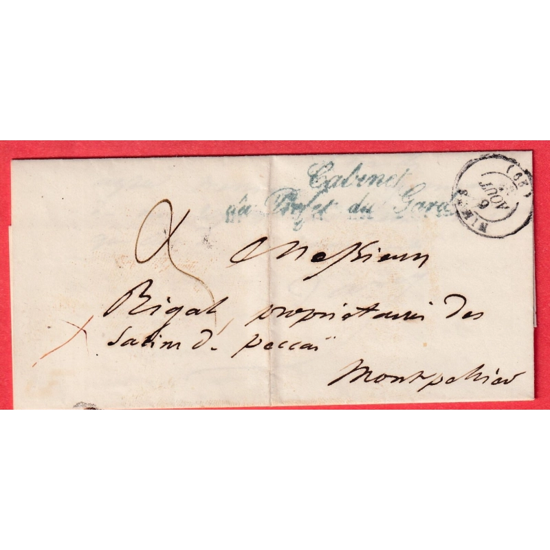 FRANCHISE CABINET DU PREFET DU GARD CAD TYPE 15 NIMES POUR MONTPELLIER 1847