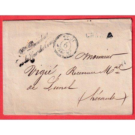 FRANCHISE PRESIDENT DE LA COUR DES COMPTES PARIS 1833 MENTION CAHRGEE POUR LUNEL HERAULT