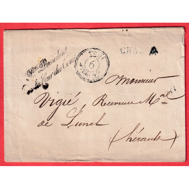 FRANCHISE PRESIDENT DE LA COUR DES COMPTES PARIS 1833 MENTION CAHRGEE POUR LUNEL HERAULT