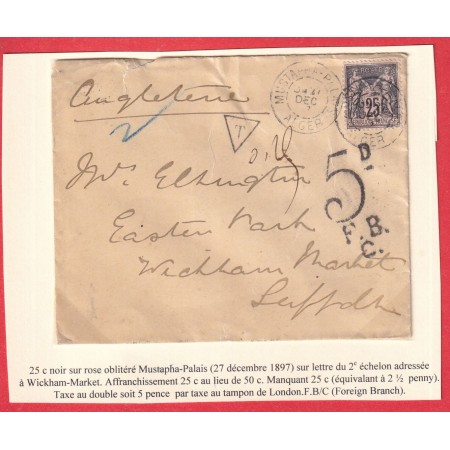 N°97 CAD MUSTAFFA PALAIS ALGER ALGERIE TAXE 5D FBC LONDRES LONDON ANGLETERRE 1897