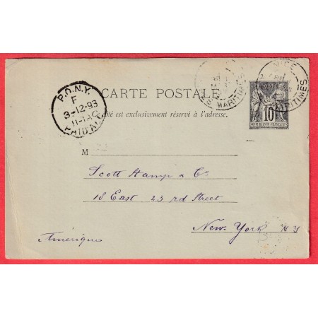 ENTIER 10C SAGE NICE ALPES MARITIMES 1893 POUR NEW YORK USA