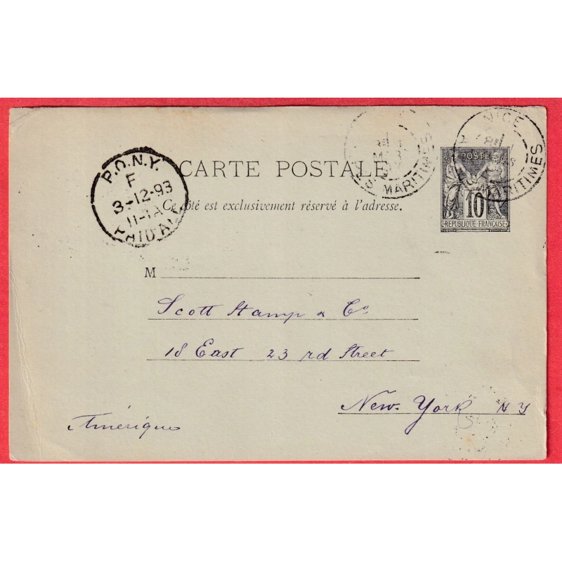 ENTIER 10C SAGE NICE ALPES MARITIMES 1893 POUR NEW YORK USA