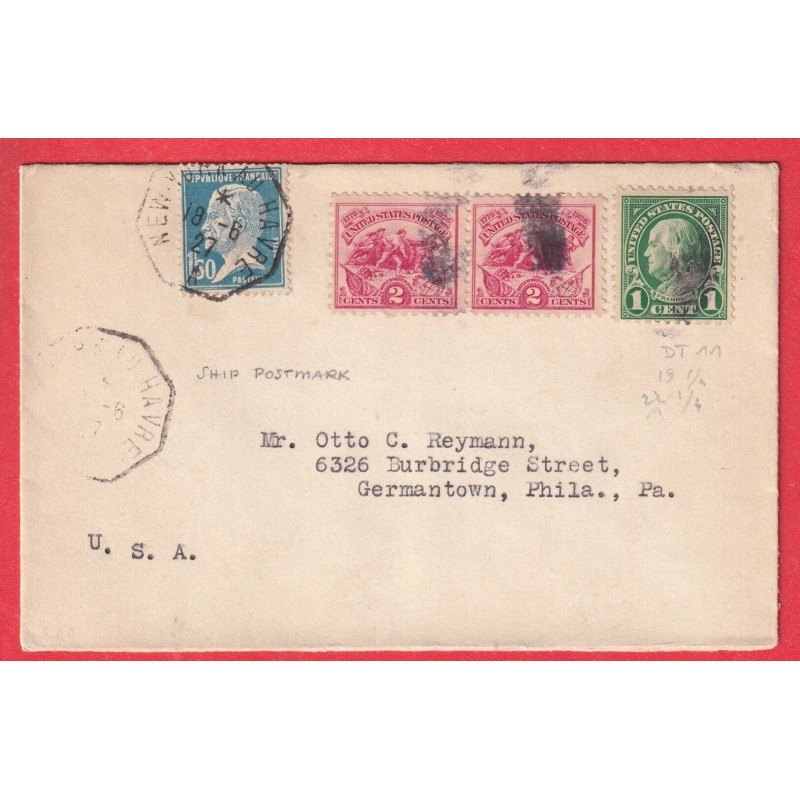 AFFRANCHISSEMENT MIXTE TYPE PASTEUR NEW YORK AU HAVRE 1927 + TIMBRE ETATS UNIS USA POUR GERMANSTOWN PHILADELPHIA