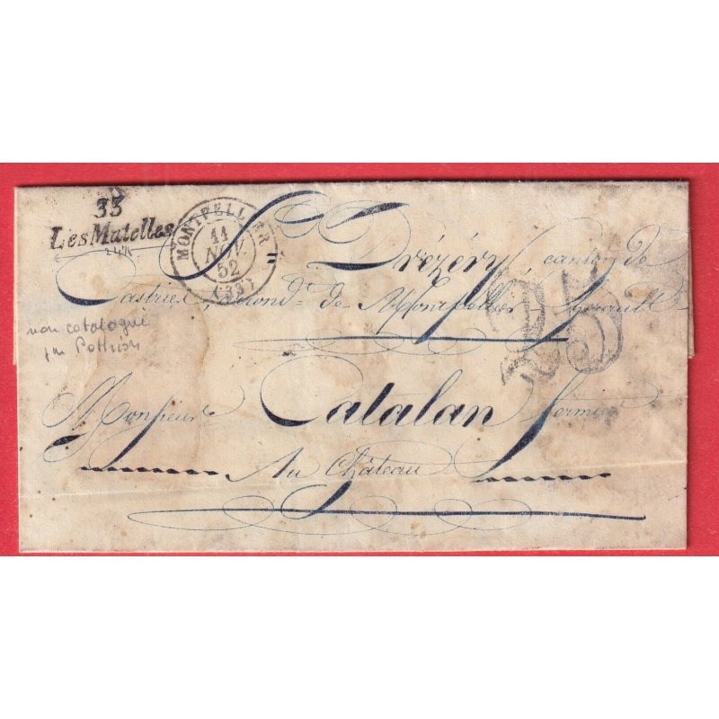 CURSIVE 33 LES MATELLES 24mm NON SIGNALE PAR POTHION 1852 CAD TYPE 15 MONTPELLIER POUR CASTRIES