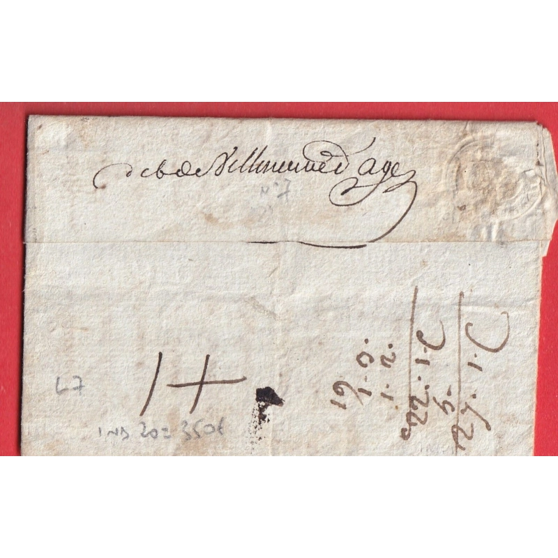 DEBOURSE MANUSCRIT DEB DE VILLENEUVE D'AGEN 1786 LN°7 INDICE 20 REEXP PENNE D'AGENNOIS