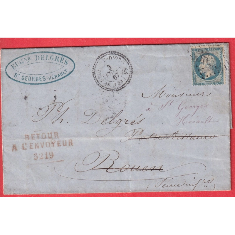 N°22 GC 3625 ST GEORGES D'ORQUES HERAULT CAD TYPE 22 RETOUR ENVOYEUR EN ROUGE 3219 ROUEN SEINE INFERIEURE