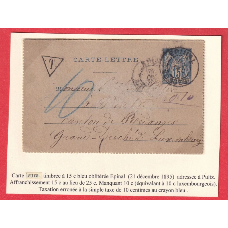 CARTE LETTRE TYPE SAGE EPINAL VOSGES 1895 TAXE CRAYON BLEU 10C PULTZ LUXEMBOURG BETTBORN