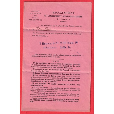 FRANCHISE TAXEE DOYEN FACULTE DE LETTRES PARIS TAXE 15C VERT TYPE DUVAL CONVOCATION BACCALAUREAT 1899 NEUILLY