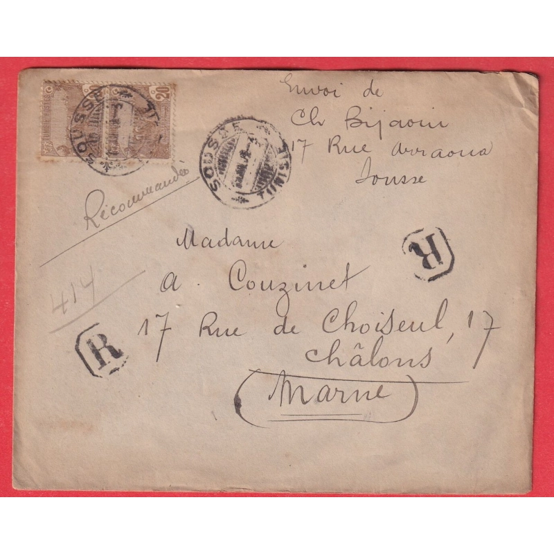 TUNISIE LETTRE RECOMMANDE SOUSSE TUNISIE POUR CHALONS SUR MARNE 1912