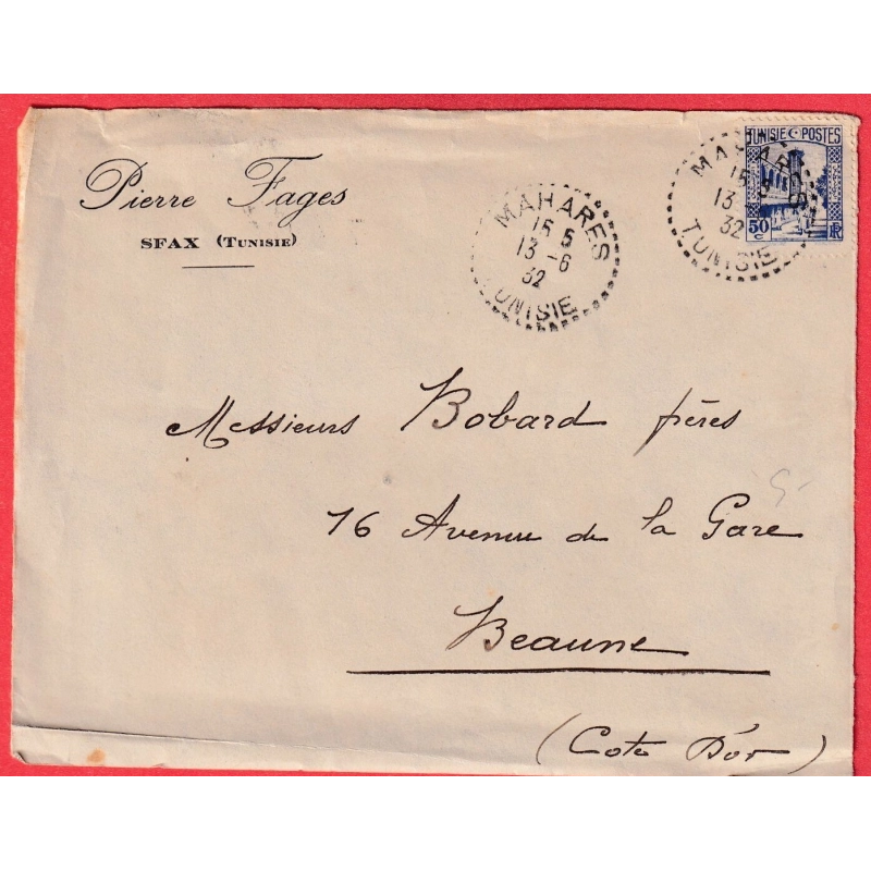 TUNISIE MAHARES TUNISIE 1932 CAD PERLE POUR BEAUNE COTE D'OR