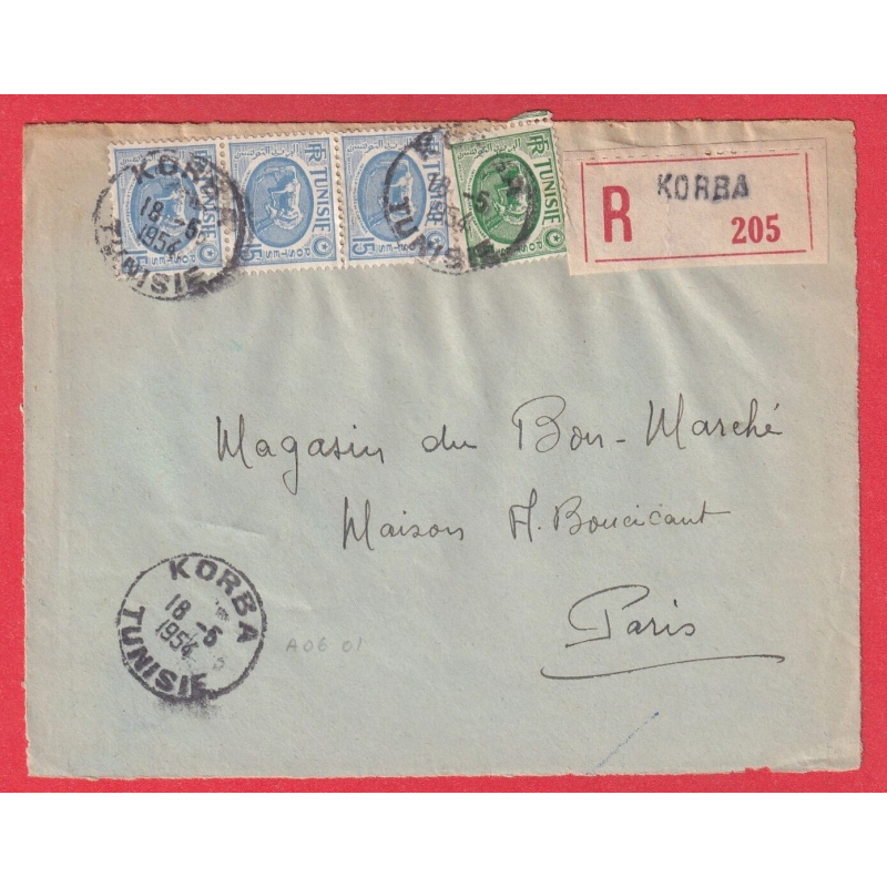 TUNISIE KORBA 1954 RECOMMANDE POUR PARIS DEVANT DE LETTRE FRONT COVER
