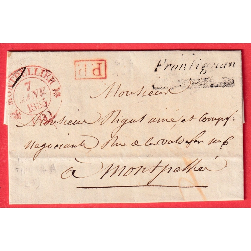 CURSIVE GRATTEE 33 FRONTIGNAN HERAULT 1835 CAD TYPE 12 ROUGE + PP EN ROUGE
