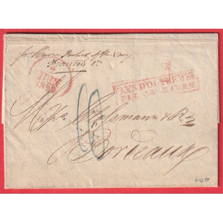 MARQUE ROUGE PAYS OUTREMER PAR LE HAVRE 1829 BALTIMORE USA ACHEMINE FORWARDED NEW YORK POUR BORDEAUX