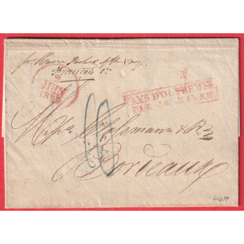 MARQUE ROUGE PAYS OUTREMER PAR LE HAVRE 1829 BALTIMORE USA ACHEMINE FORWARDED NEW YORK POUR BORDEAUX
