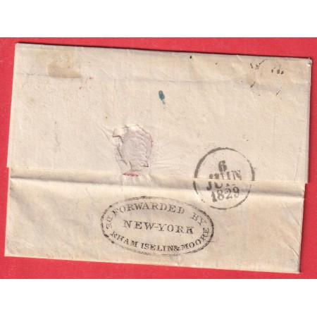 MARQUE ROUGE PAYS OUTREMER PAR LE HAVRE 1829 BALTIMORE USA ACHEMINE FORWARDED NEW YORK POUR BORDEAUX