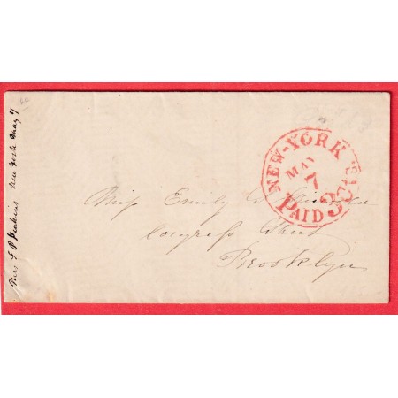 NEW YORK ROUGE RED PAID 30CTS POUR BROOKLYN VERS 1850