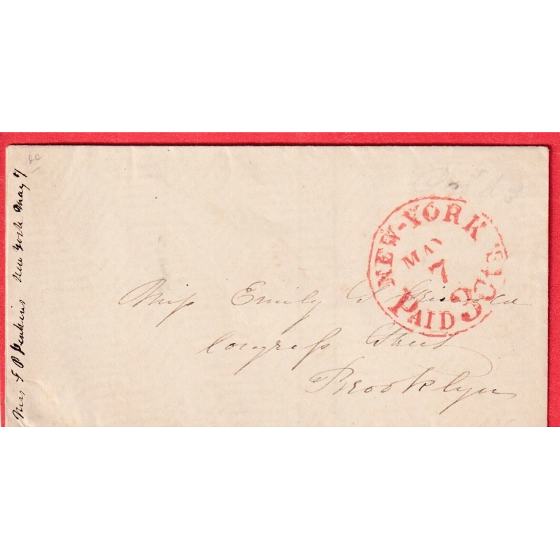 NEW YORK ROUGE RED PAID 30CTS POUR BROOKLYN VERS 1850