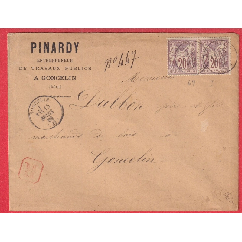 N°67 PAIRE CAD TYPE 16 GONCELIN RECOMMANDE LOCAL POUR GONCELIN RARE