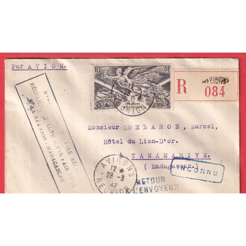 1ER VOL LA REUNION MADAGASCAR CAD AVIRONS LA REUNION 1847 RECOMMANDE TANANARIVE