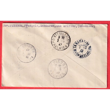 1ER VOL LA REUNION MADAGASCAR CAD AVIRONS LA REUNION 1847 RECOMMANDE TANANARIVE
