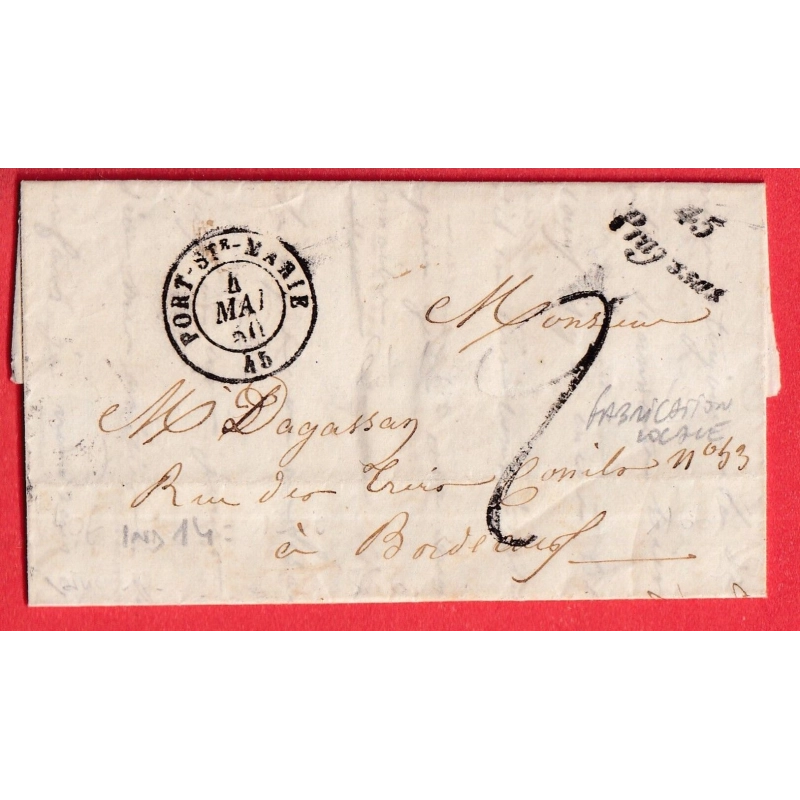 CURSIVE 45 PRAYSSAS LOT ET GARONNE 1850 TAXE 2 FABRICATION LOCALE POUR BORDEAUX INDICE 14