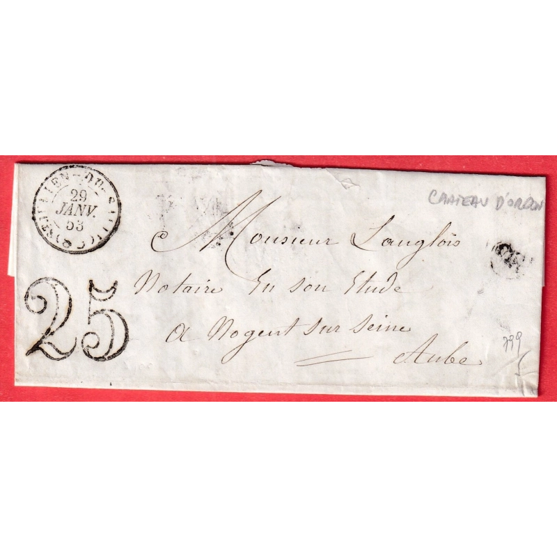 CAD TYPE 15 ST JULIEN DU SAULT YONNE CACHET SPECIAL OR CHATEAU D'ORDON NOGENT SUR SEINE 1853
