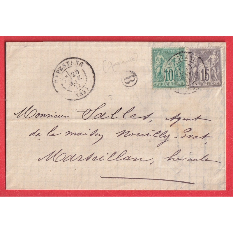 N°65 77 CAPESTANG HERAULT BOITE RURALE B QUARANTE POUR MARSEILLAN NOILLY PRAT MARSEILLE