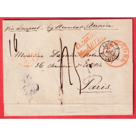 ETATS UNIS NEW YORK 1850 TAXE 45 VOIE ANGLAISE VIA LIVERPOOL STEAMER AMERICA 1850 POUR PARIS